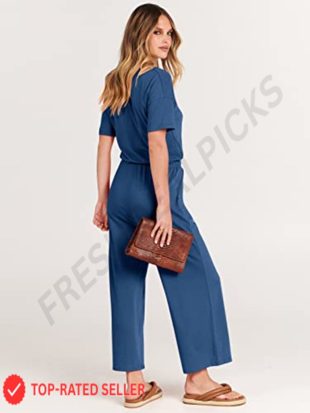 Wide Leg Cropped Jumpsuit V Neck Short Sleeve Romper with Pockets - Picture 4 of 6